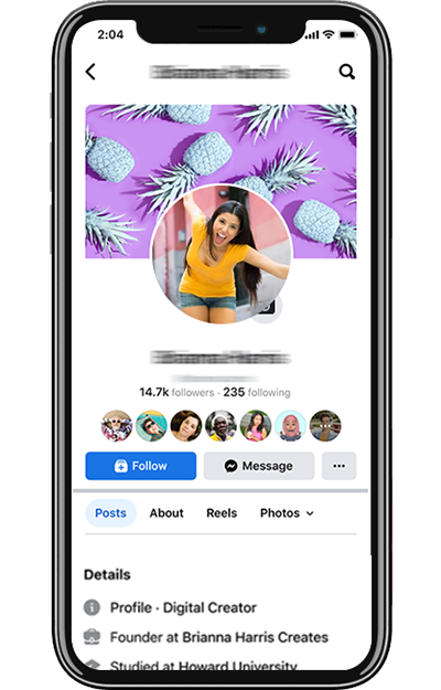 Phone with Facebook profile showing features